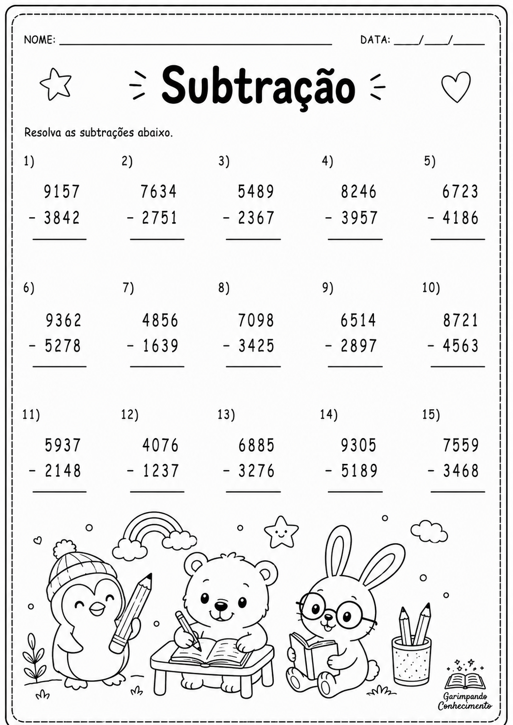 Avaliação de Matemática - Subtração - 3 2 Prova de Matemática - subtração