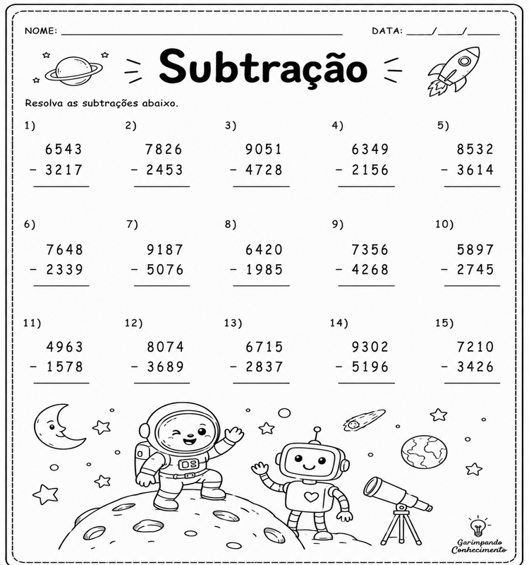 Prova de matemática - subtração