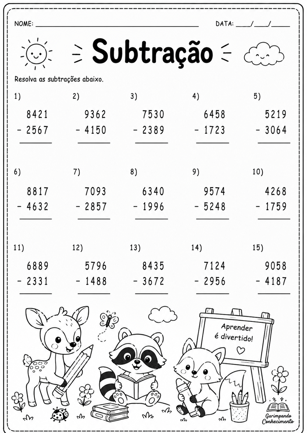 Avaliação de Matemática - Subtração - 6 2 Prova de Matemática - subtração
